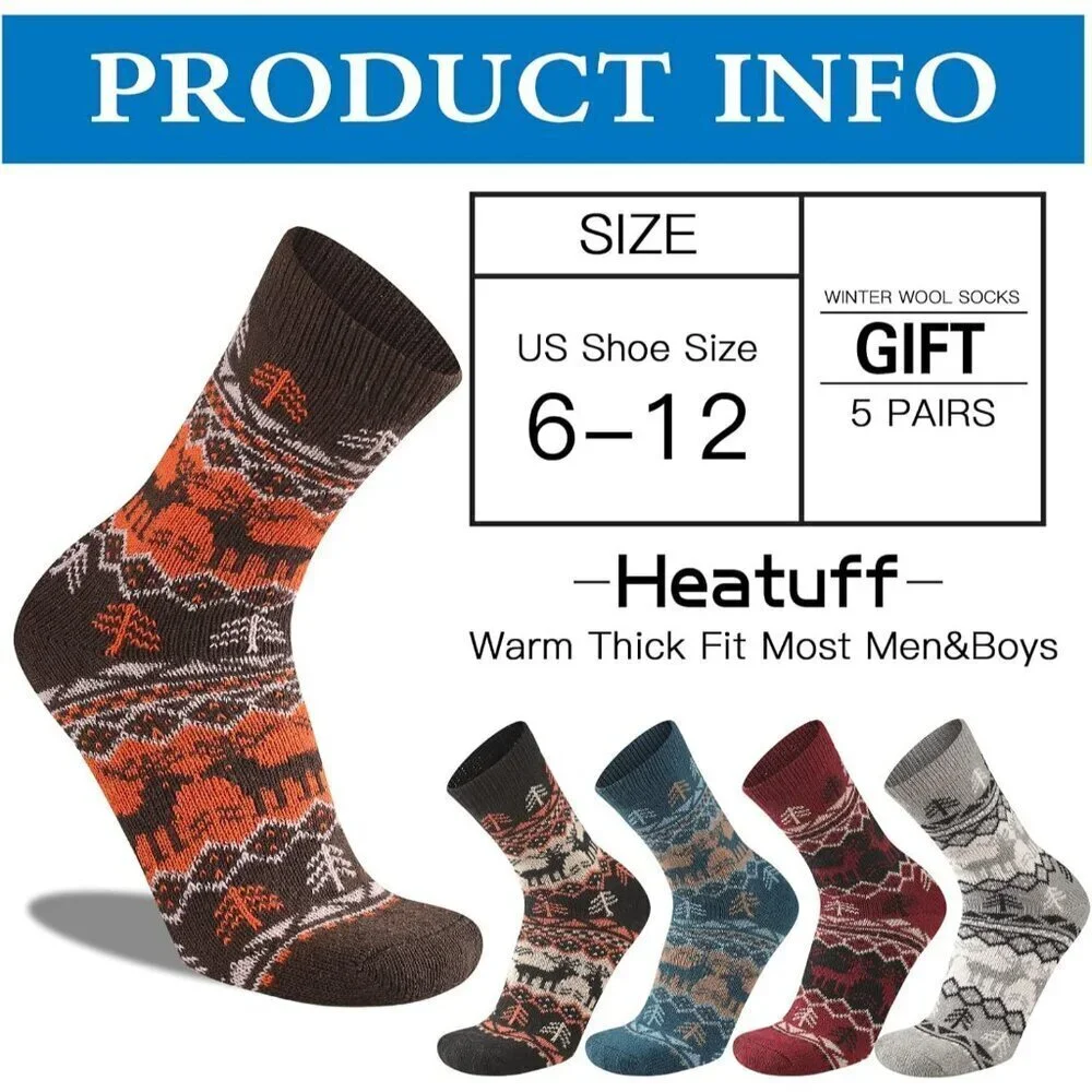 Mens Warm Wool Socks Thermal Winter Thick Crew Pattern Socks Cold Weather 5 Pair